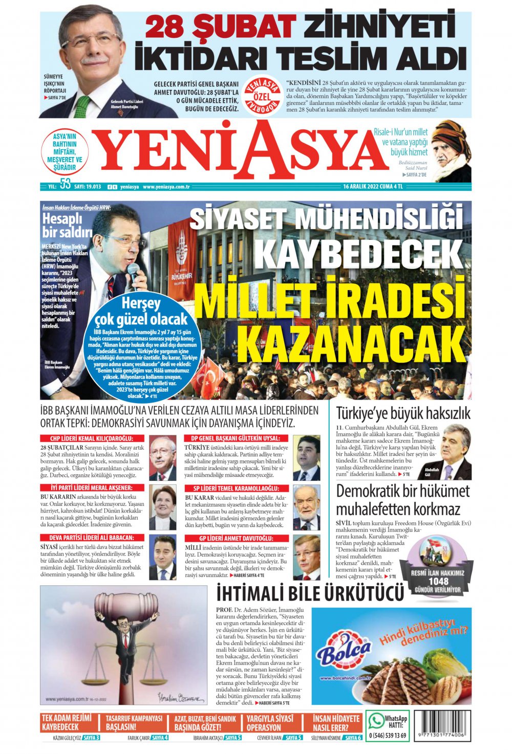 Yeni Asya Gazete Keyfi - Gazete Manşetleri ve 1. sayfaları - Gazete oku (16 Aralık 2022 Cuma)