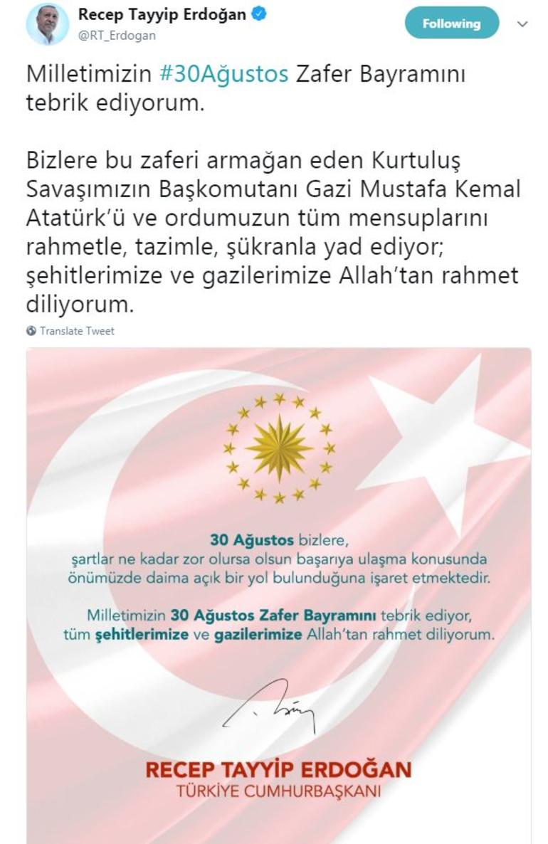 recep tayyip erdoğan 30 ağustos mesajı