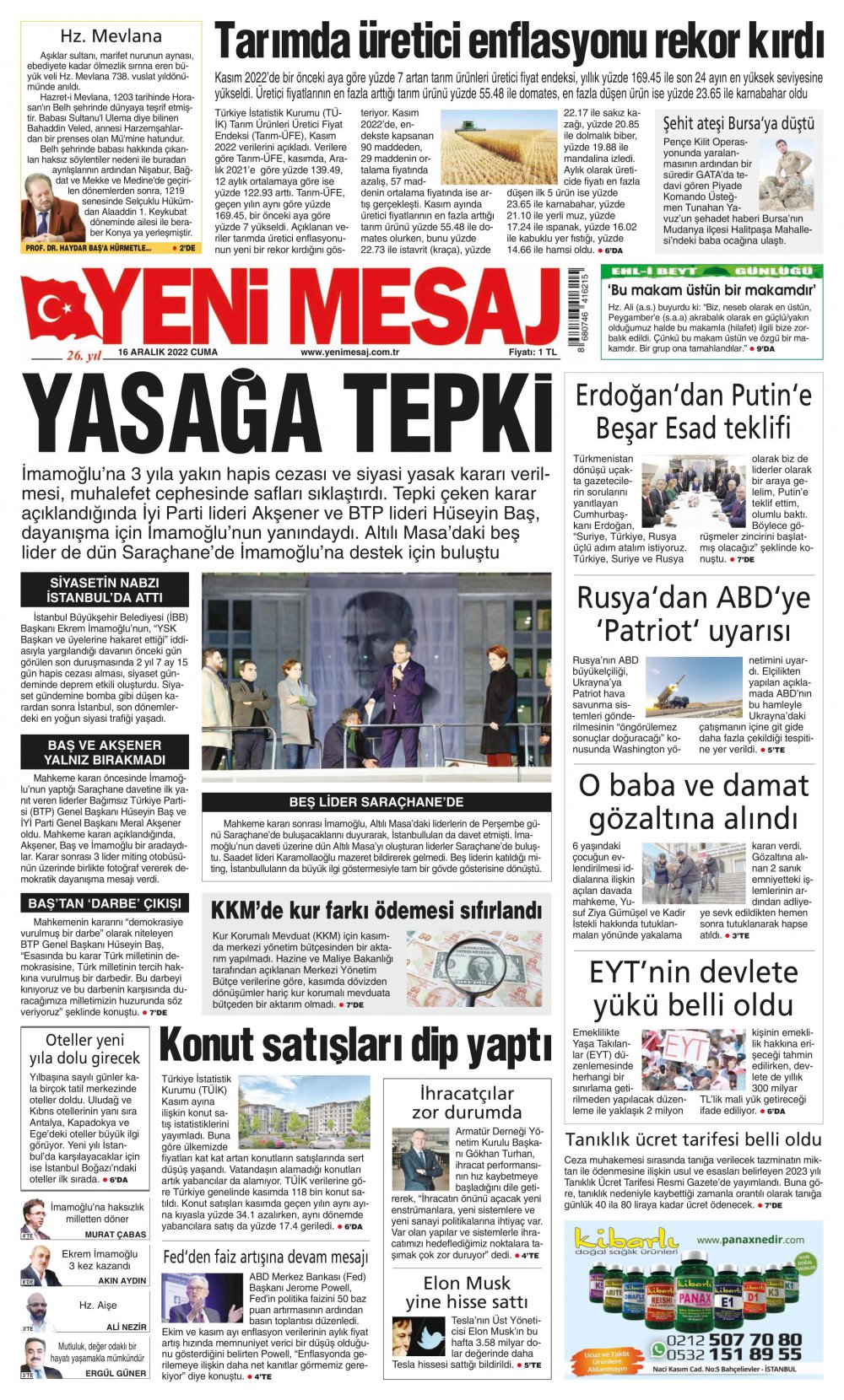 Yeni Mesaj Gazete Keyfi - Gazete Manşetleri ve 1. sayfaları - Gazete oku (16 Aralık 2022 Cuma)