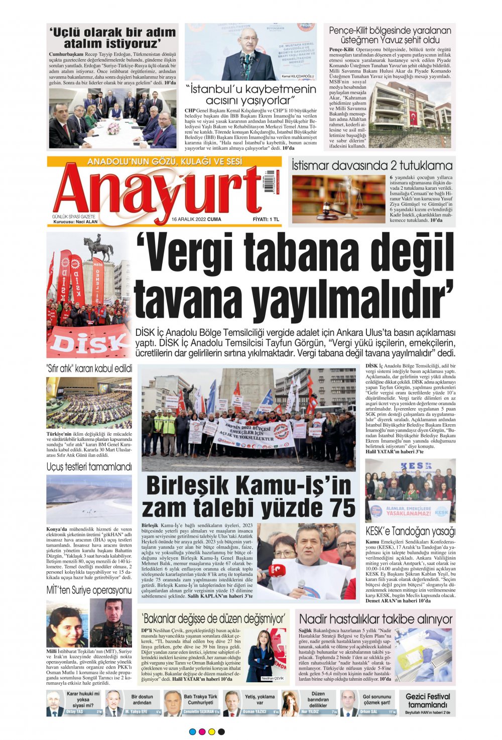Anayurt Gazete Keyfi - Gazete Manşetleri ve 1. sayfaları - Gazete oku (16 Aralık 2022 Cuma)
