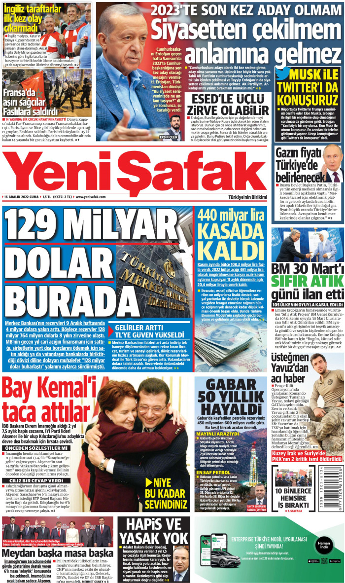 Yeni Şafak Gazete Keyfi - Gazete Manşetleri ve 1. sayfaları - Gazete oku (16 Aralık 2022 Cuma)