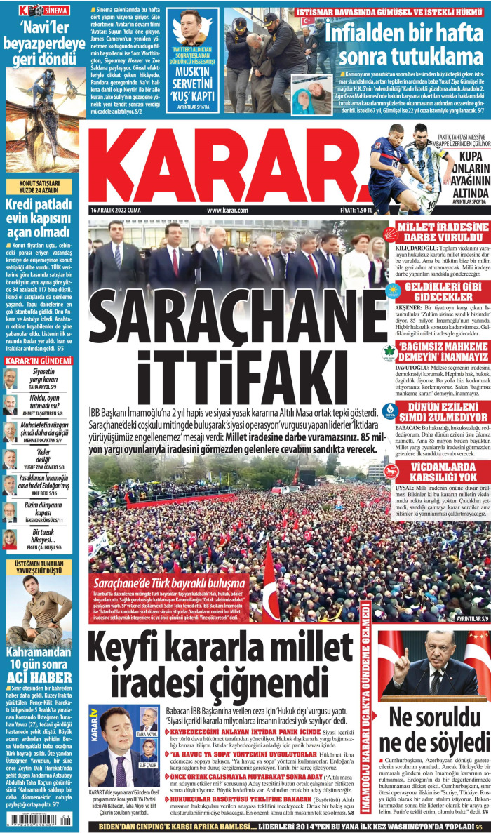 Karar Gazete Keyfi - Gazete Manşetleri ve 1. sayfaları - Gazete oku (16 Aralık 2022 Cuma)