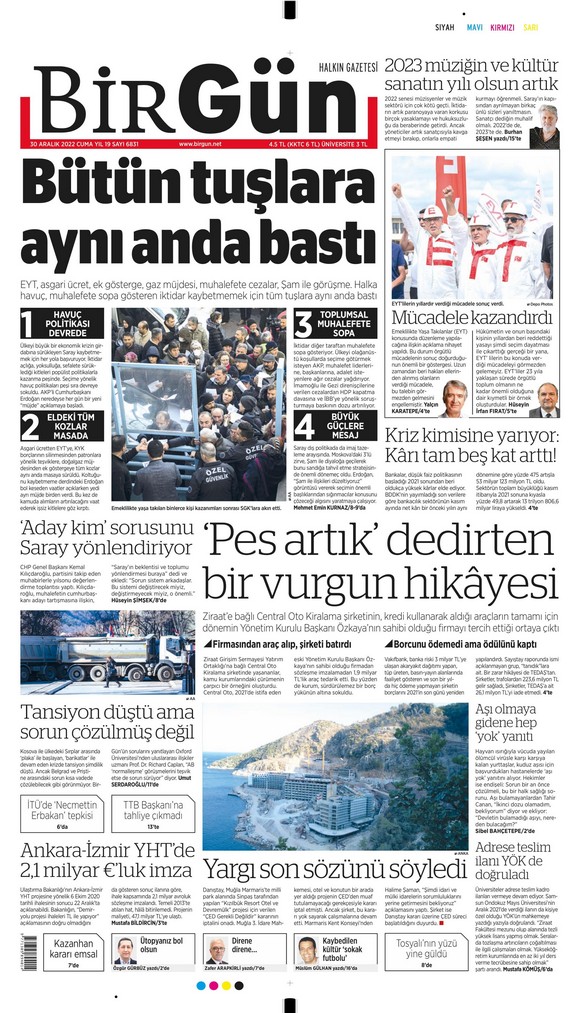 Birgün Gazetesi 30 Aralık 2022, Cuma Günü Manşeti