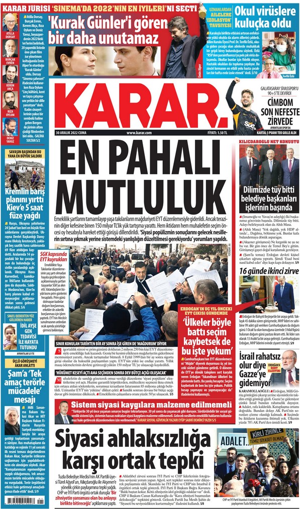 Karar Gazetesi 30 Aralık 2022, Cuma Günü Manşeti