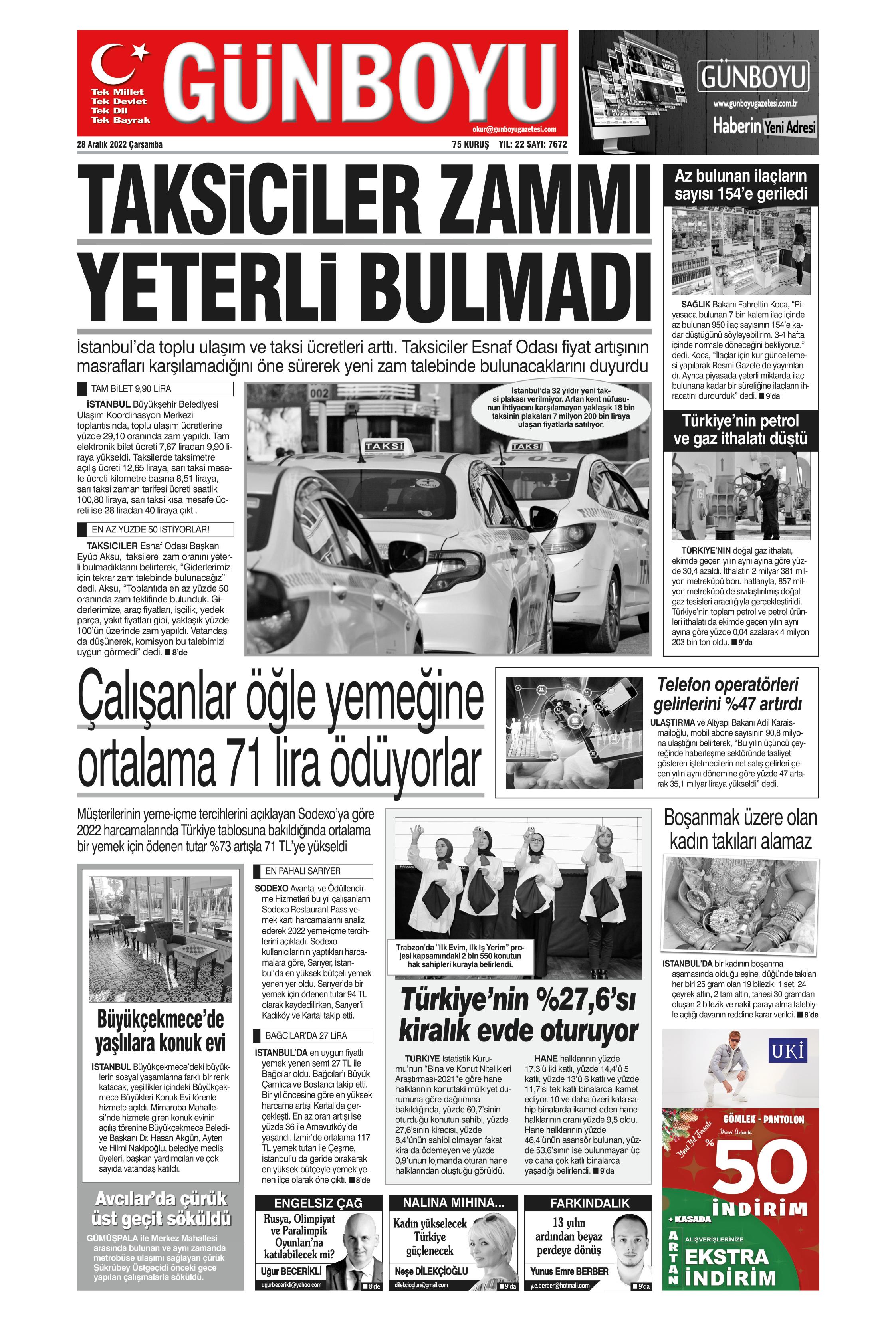 Günboyu Gazetesi 28 Aralık 2022, Çarşamba Günü Manşeti