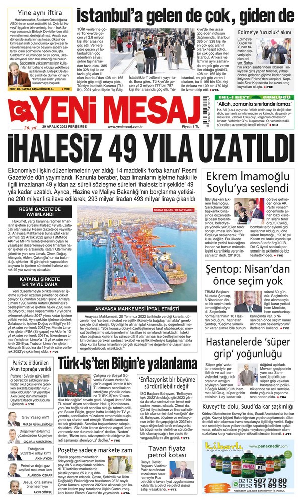Yeni Mesaj Gazetesi 29 Aralık 2022, Perşembe Günü Manşeti