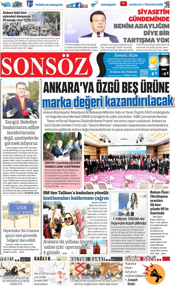 Sonsöz Gazetesi 29 Aralık 2022, Perşembe Günü Manşeti