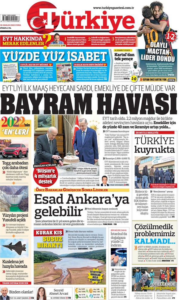 Türkiye Gazetesi 30 Aralık 2022, Cuma Günü Manşeti