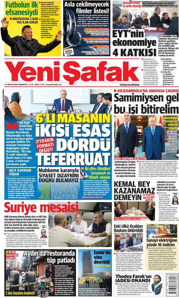 Yeni Şafak Gazetesi 31 Aralık 2022, Cumartesi Günü Manşeti
