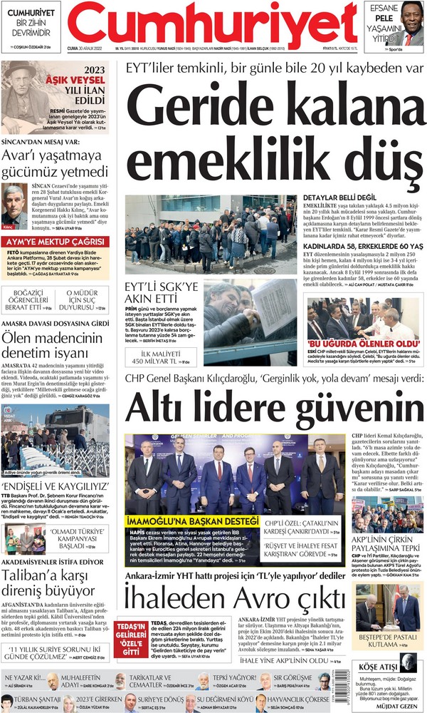 Cumhuriyet Gazetesi 30 Aralık 2022, Cuma Günü Manşeti