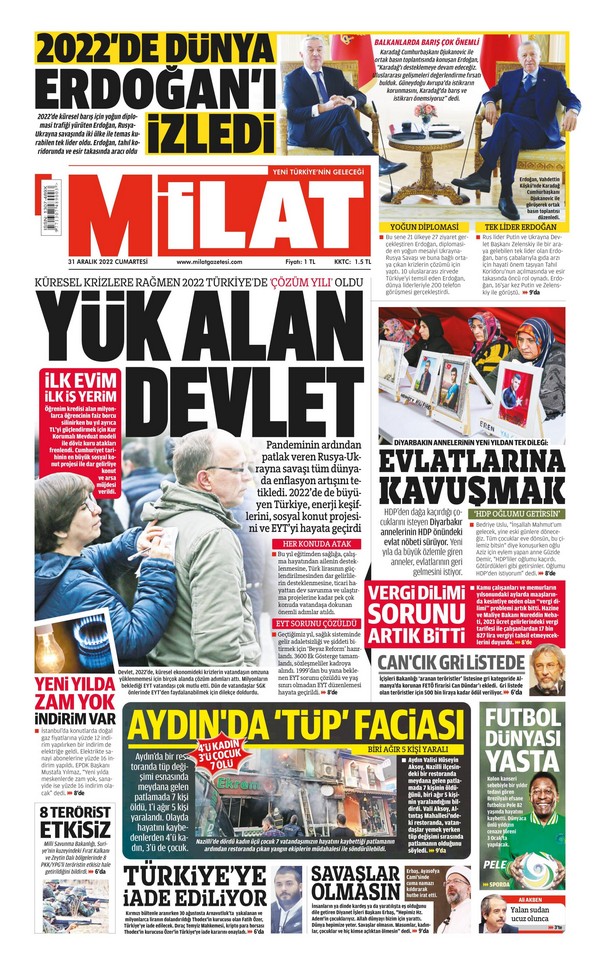 Milat Gazetesi 31 Aralık 2022, Cumartesi Günü Manşeti