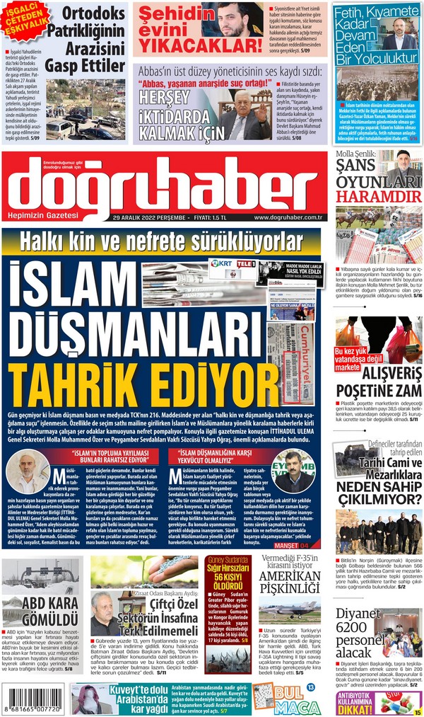 Doğruhaber Gazetesi 29 Aralık 2022, Perşembe Günü Manşeti