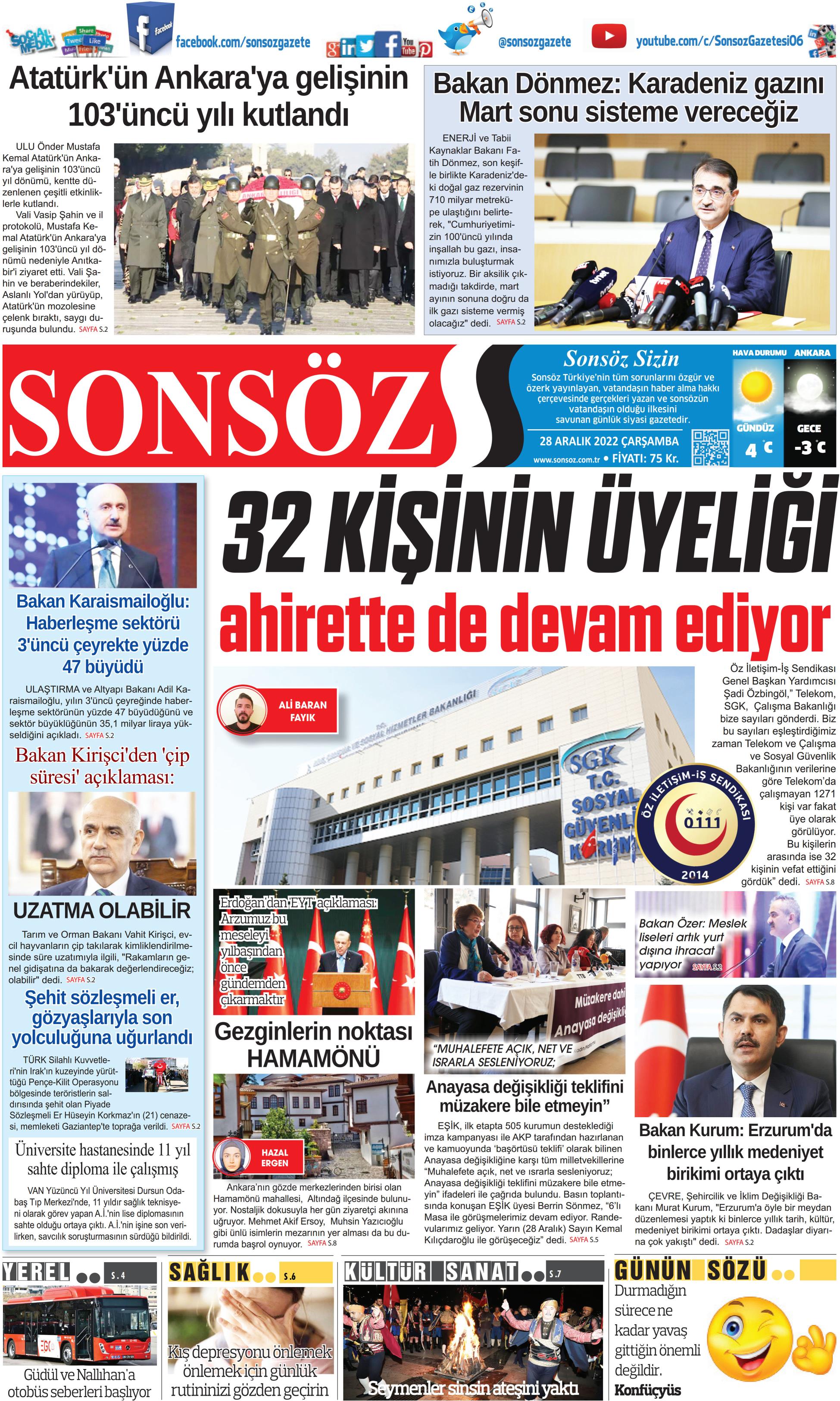Son Söz Gazetesi 28 Aralık 2022, Çarşamba Günü Manşeti