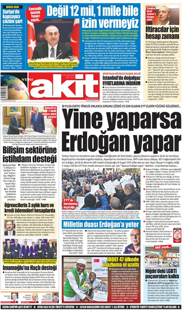 Yeni Akit Gazetesi 30 Aralık 2022, Cuma Günü Manşeti
