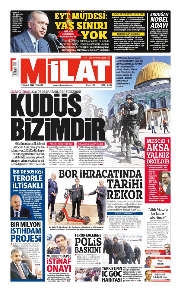 Milat Gazetesi 29 Aralık 2022, Perşembe Günü Manşeti
