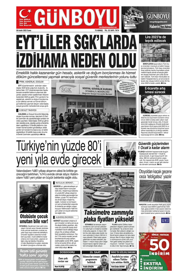 Günboyu Gazetesi 30 Aralık 2022, Cuma Günü Manşeti