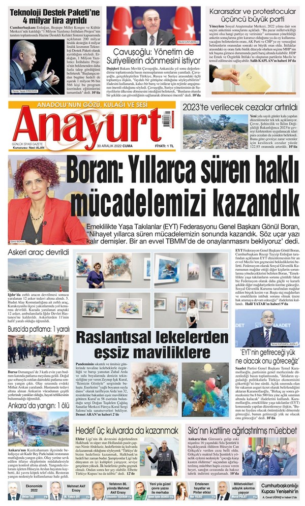 Anayurt Gazetesi 30 Aralık 2022, Cuma Günü Manşeti
