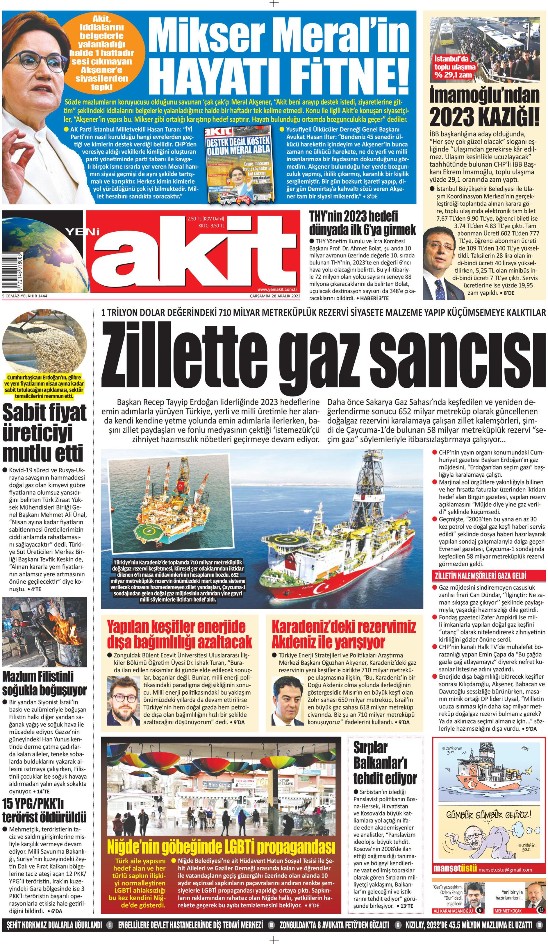 Yeni Akit Gazetesi 28 Aralık 2022, Çarşamba Günü Manşeti