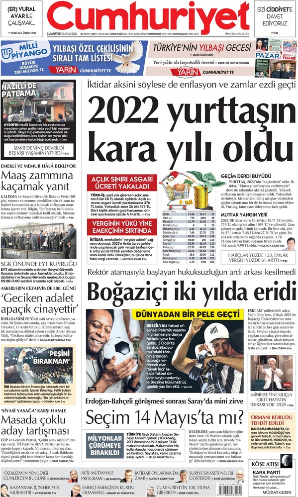 Cumhuriyet Gazetesi 31 Aralık 2022, Cumartesi Günü Manşeti