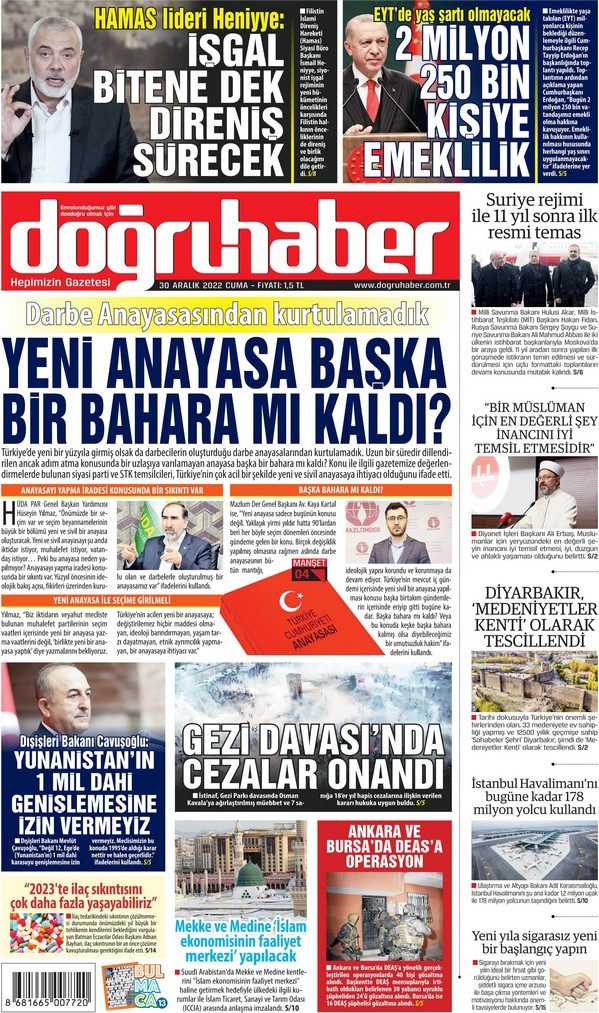 Doğruhaber Gazetesi 30 Aralık 2022, Cuma Günü Manşeti