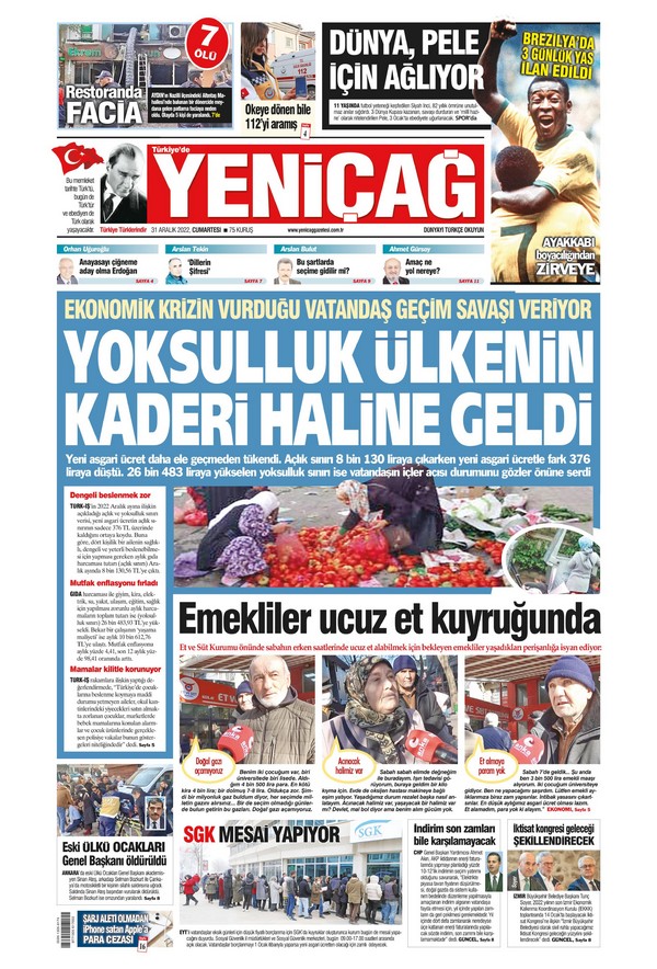 Yeniçağ Gazetesi 31 Aralık 2022, Cumartesi Günü Manşeti