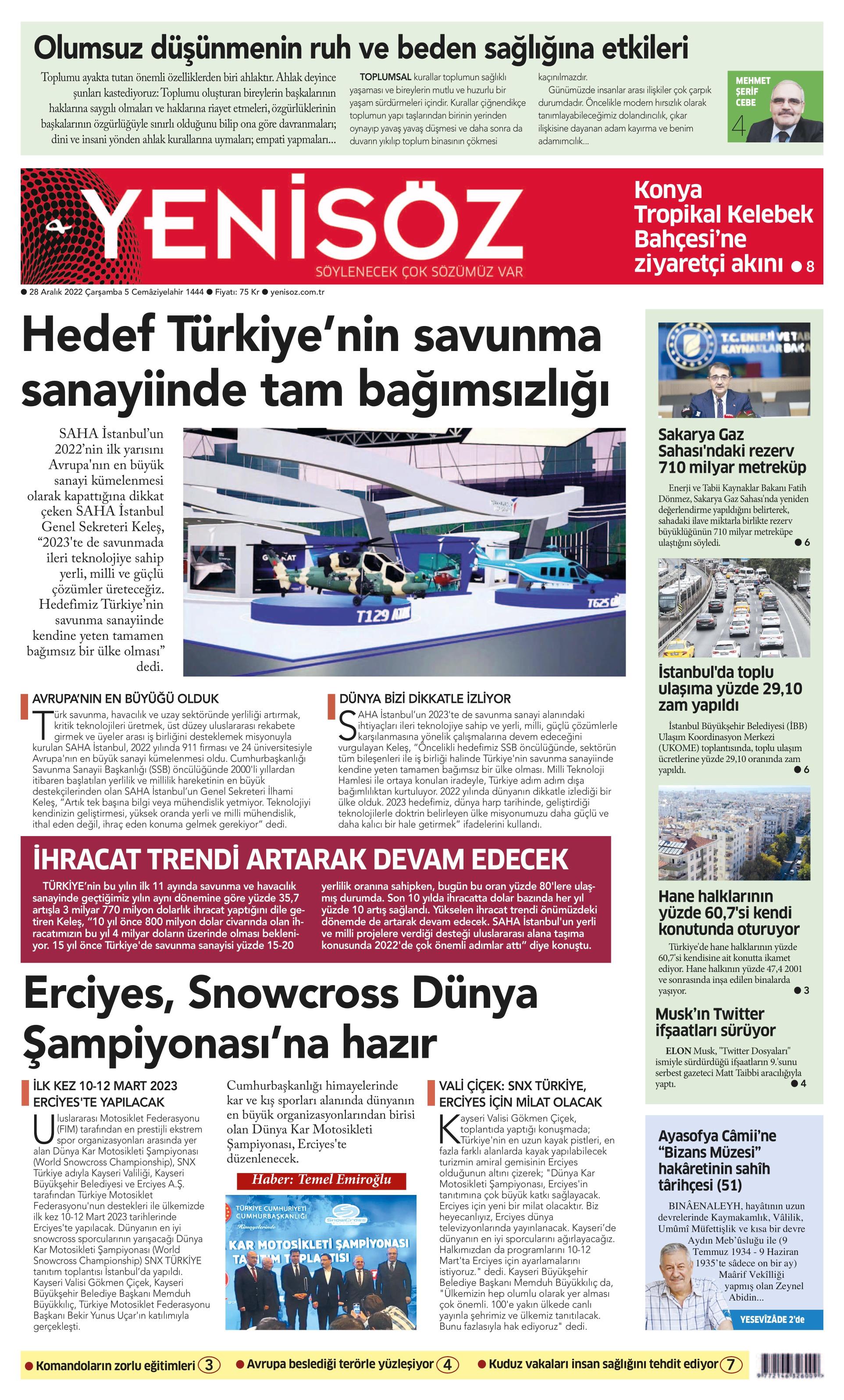 Yeni Söz Gazetesi 28 Aralık 2022, Çarşamba Günü Manşeti