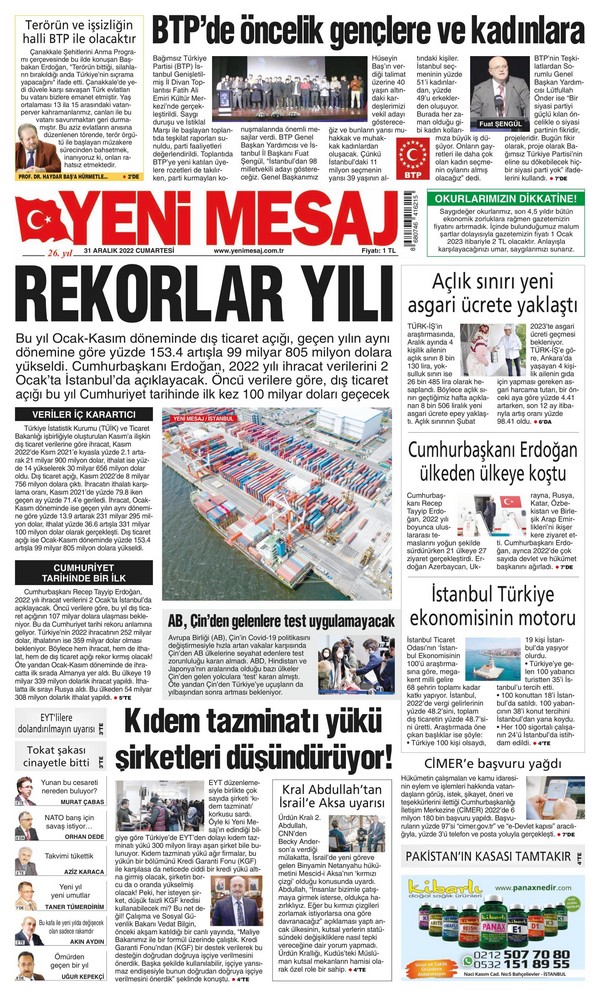 Yeni Mesaj Gazetesi 31 Aralık 2022, Cumartesi Günü Manşeti