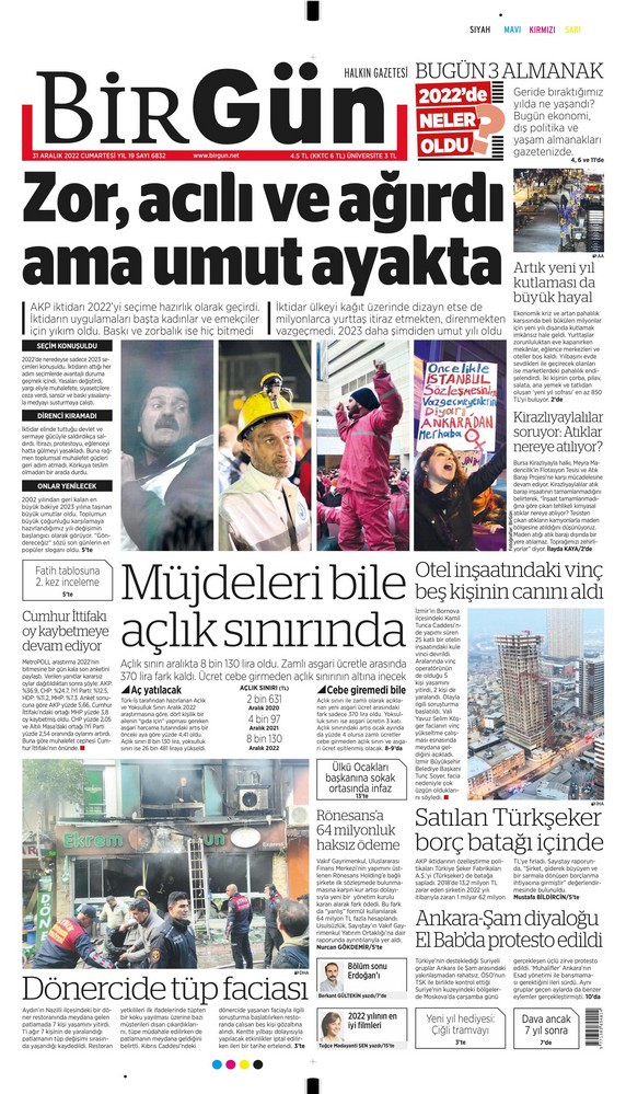 Birgün Gazetesi 31 Aralık 2022, Cumartesi Günü Manşeti