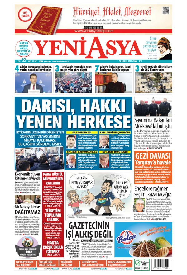 Yeni Asya Gazetesi 30 Aralık 2022, Cuma Günü Manşeti