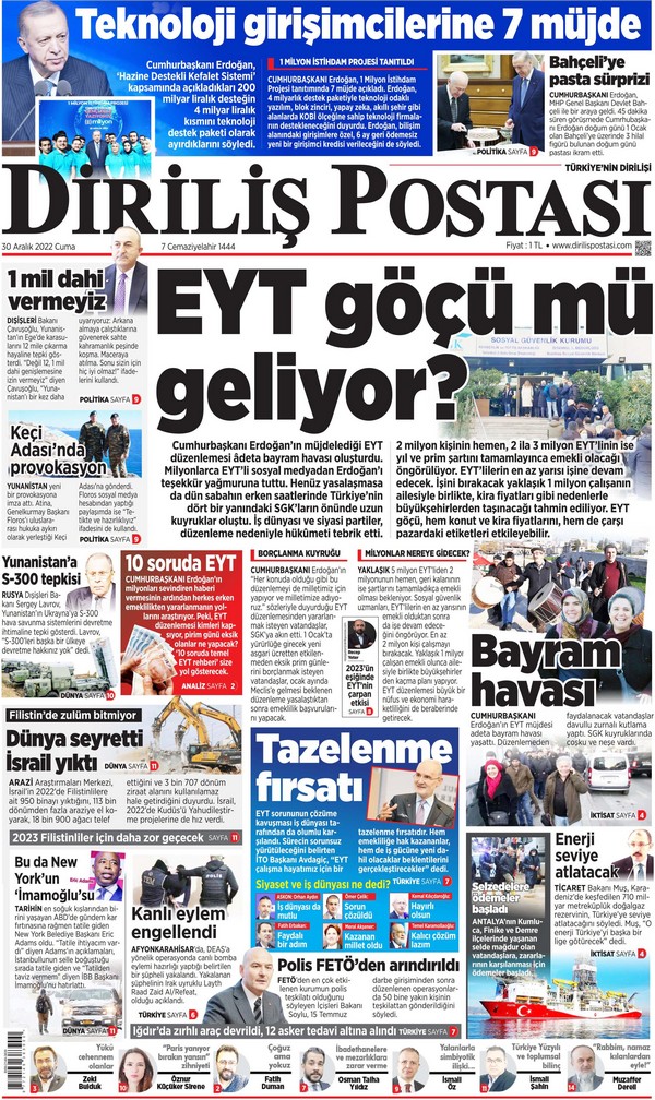 Diriliş Postası Gazetesi 30 Aralık 2022, Cuma Günü Manşeti