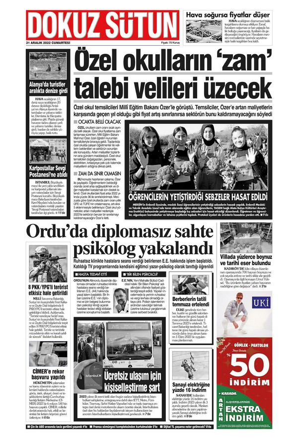 Dokuz Sütun Gazetesi 31 Aralık 2022, Cumartesi Günü Manşeti