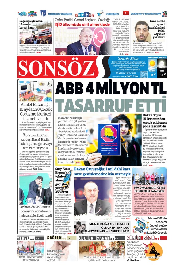 Son Söz Gazetesi 30 Aralık 2022, Cuma Günü Manşeti