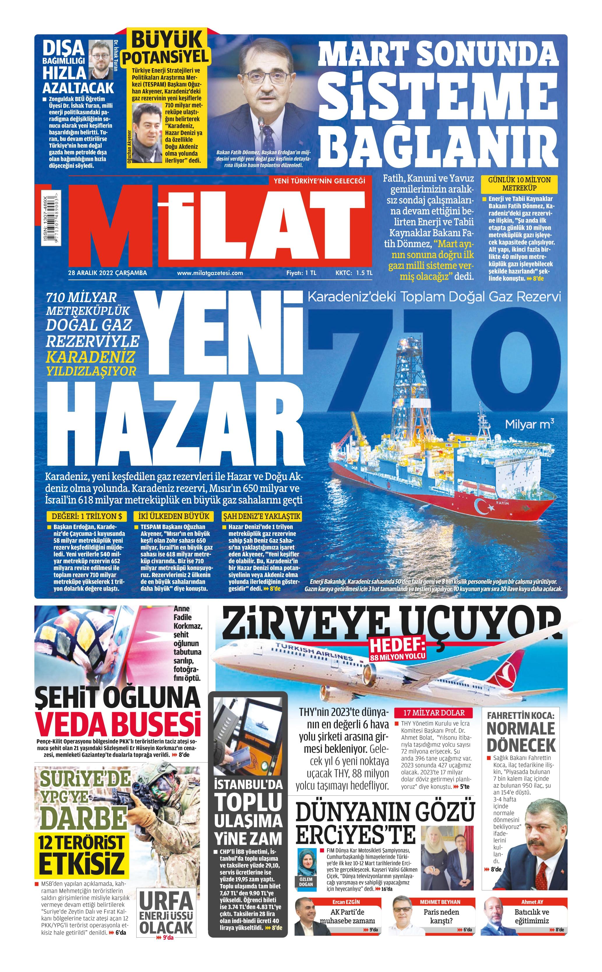 Milat Gazetesi 28 Aralık 2022, Çarşamba Günü Manşeti