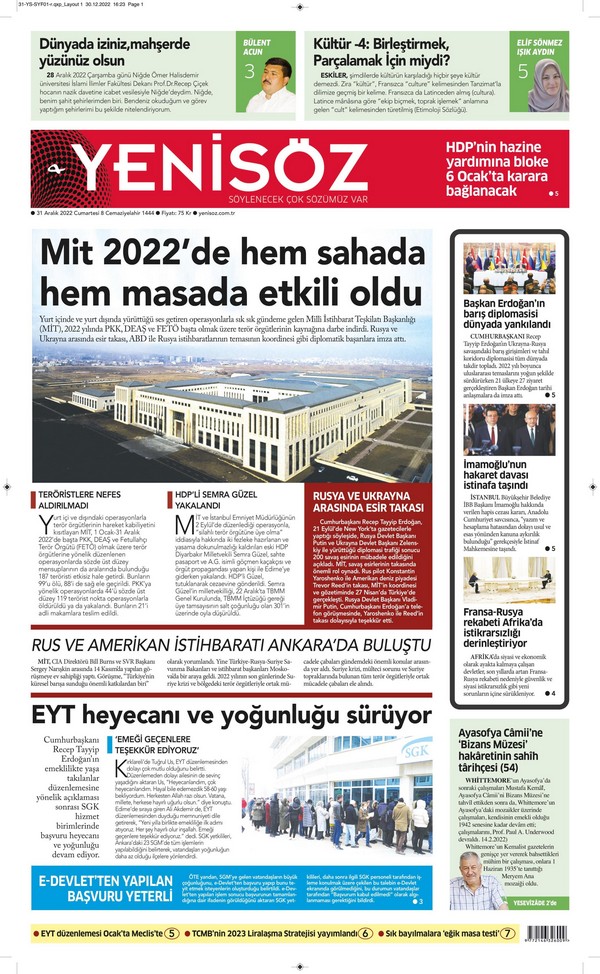 Yenisöz Gazetesi 31 Aralık 2022, Cumartesi Günü Manşeti