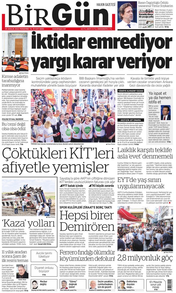 Birgün Gazetesi 29 Aralık 2022, Perşembe Günü Manşeti