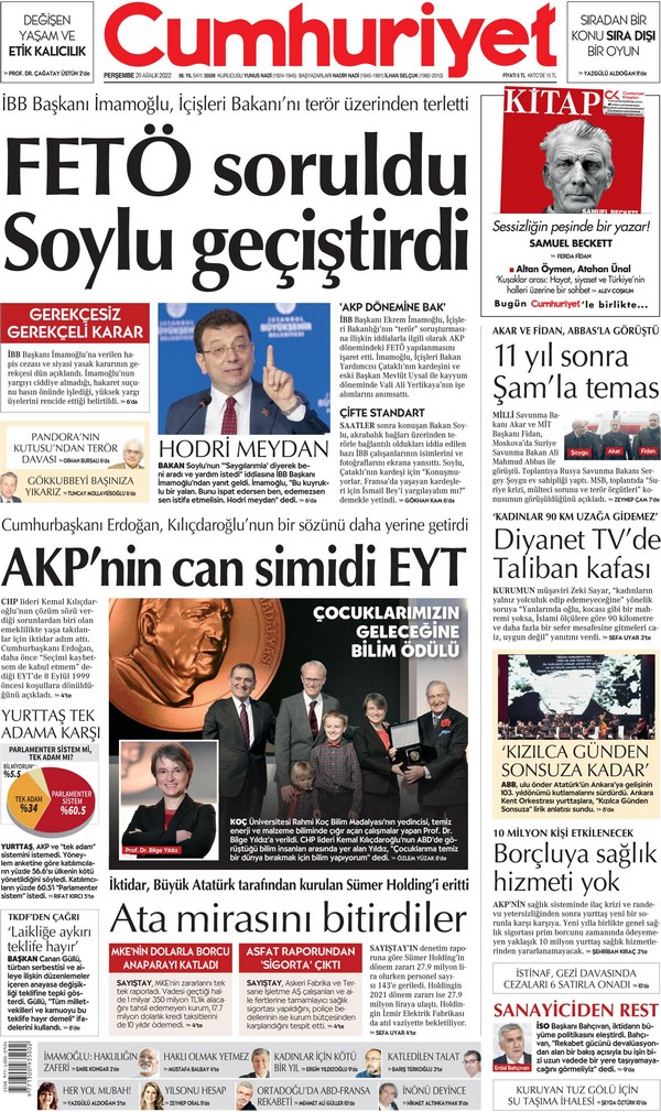 Cumhuriyet Gazetesi 29 Aralık 2022, Perşembe Günü Manşeti