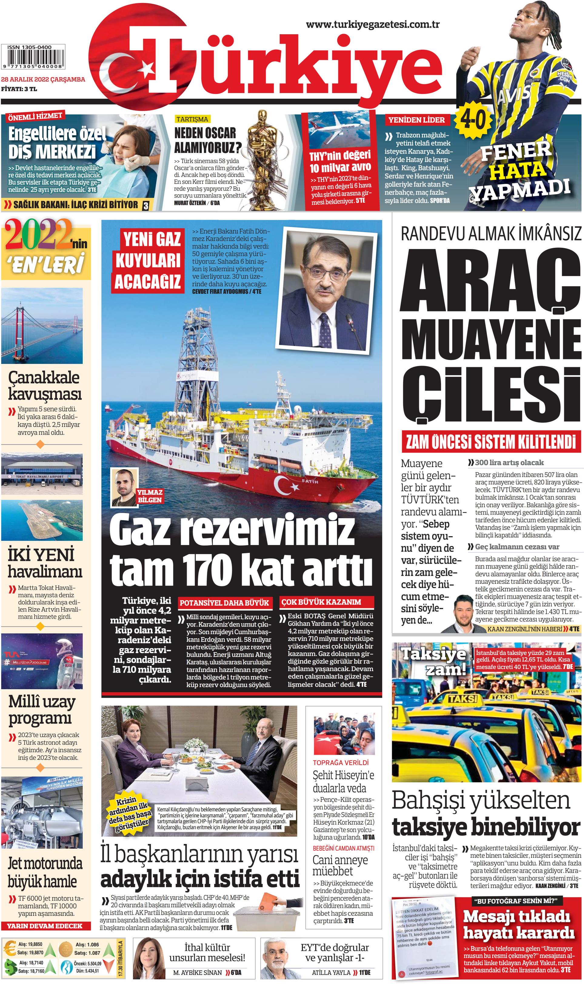 Türkiye Gazetesi 28 Aralık 2022, Çarşamba Günü Manşeti