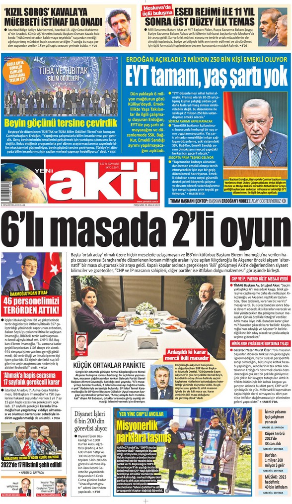Yeni Akit Gazetesi 29 Aralık 2022, Perşembe Günü Manşeti