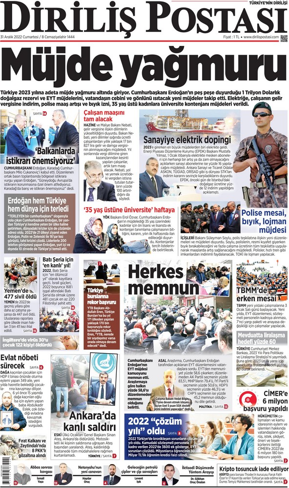 Diriliş Postası Gazetesi 31 Aralık 2022, Cumartesi Günü Manşeti