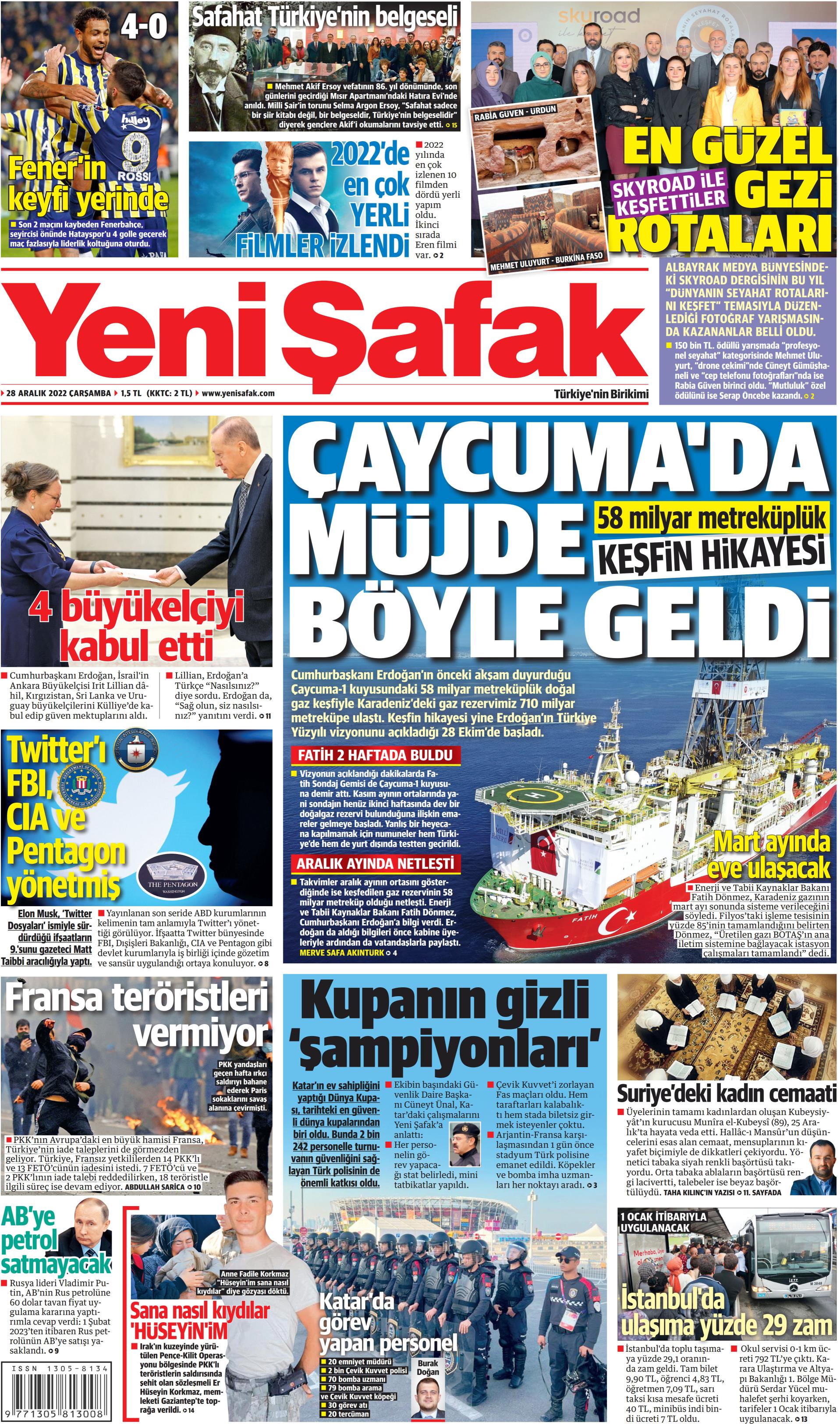 Yeni Şafak Gazetesi 28 Aralık 2022, Çarşamba Günü Manşeti