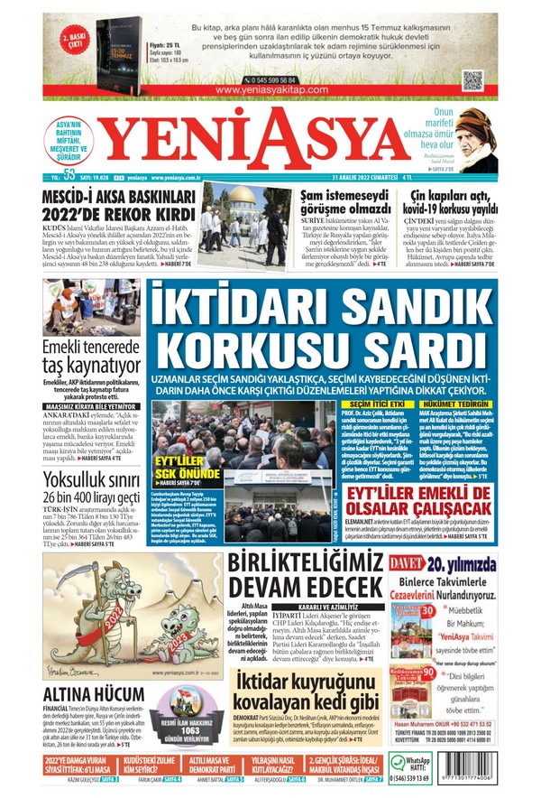 Yeni Asya Gazetesi 31 Aralık 2022, Cumartesi Günü Manşeti