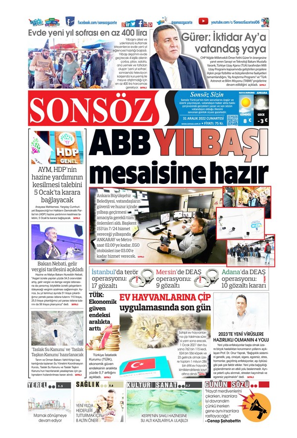 Sonsöz  Gazetesi 31 Aralık 2022, Cumartesi Günü Manşeti