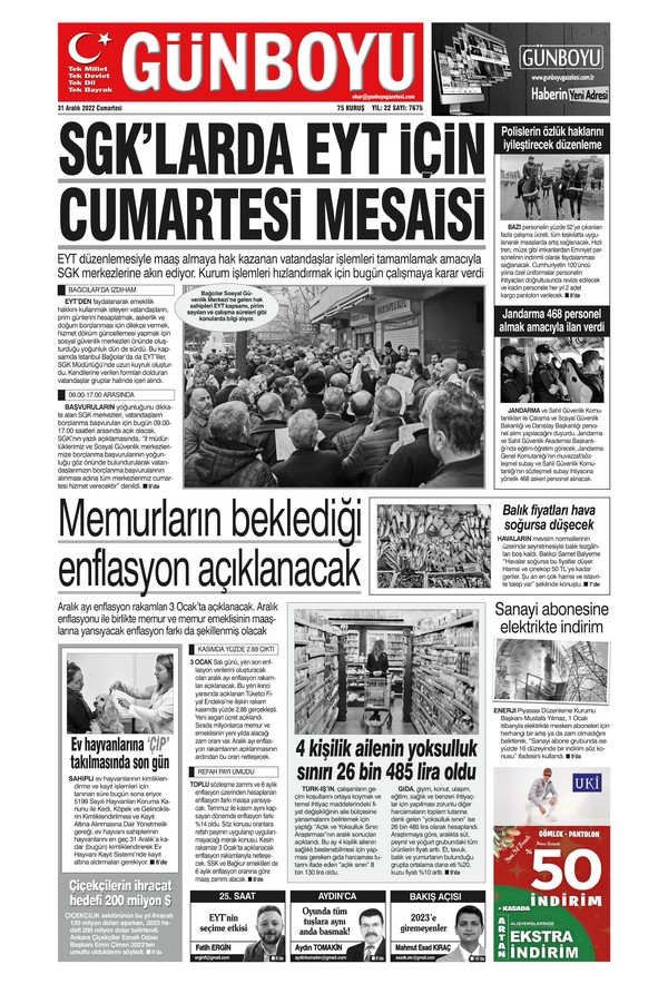Günboyu Gazetesi 31 Aralık 2022, Cumartesi Günü Manşeti