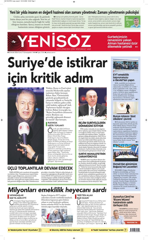 YeniSöz Gazetesi 30 Aralık 2022, Cuma Günü Manşeti