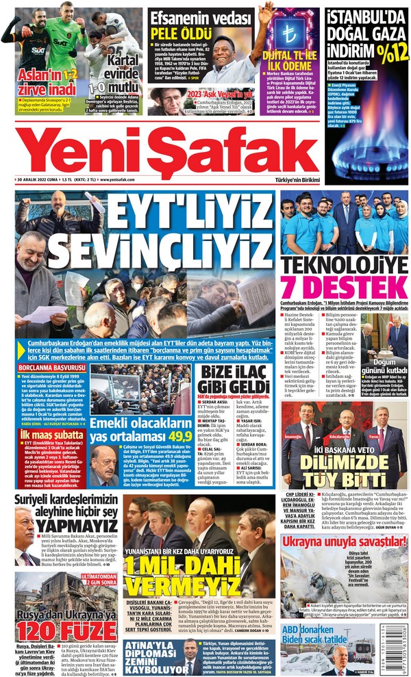Yeni Şafak Gazetesi 30 Aralık 2022, Cuma Günü Manşeti