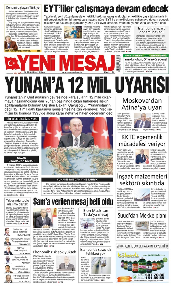 Yeni Mesaj Gazetesi 30 Aralık 2022, Cuma Günü Manşeti
