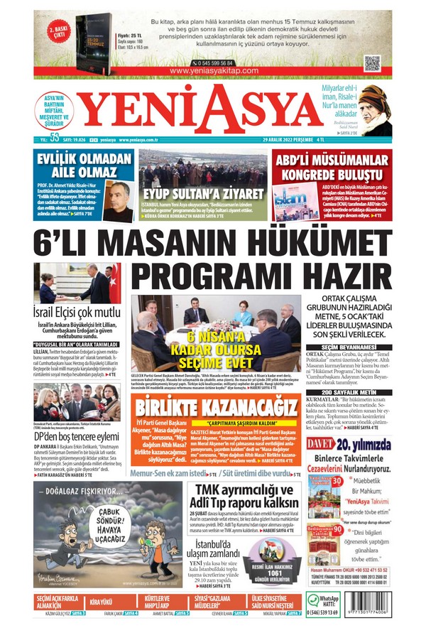 Yeni Asya Gazetesi 29 Aralık 2022, Perşembe Günü Manşeti