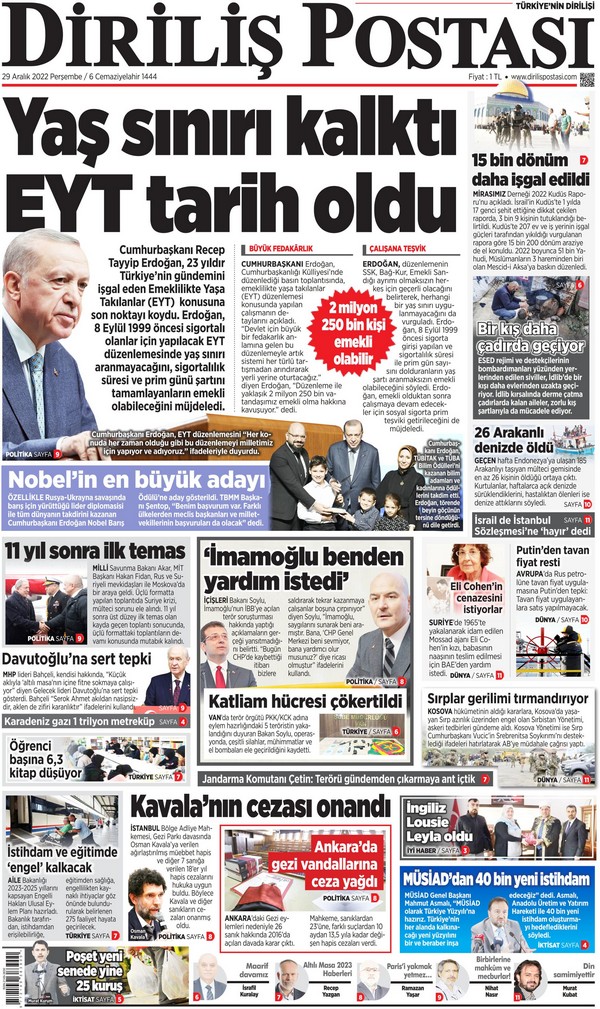 Diriliş Postası Gazetesi 29 Aralık 2022, Perşembe Günü Manşeti