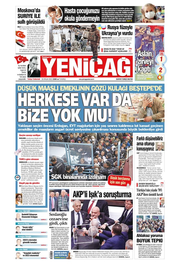 Yeniçağ Gazetesi 30 Aralık 2022, Cuma Günü Manşeti