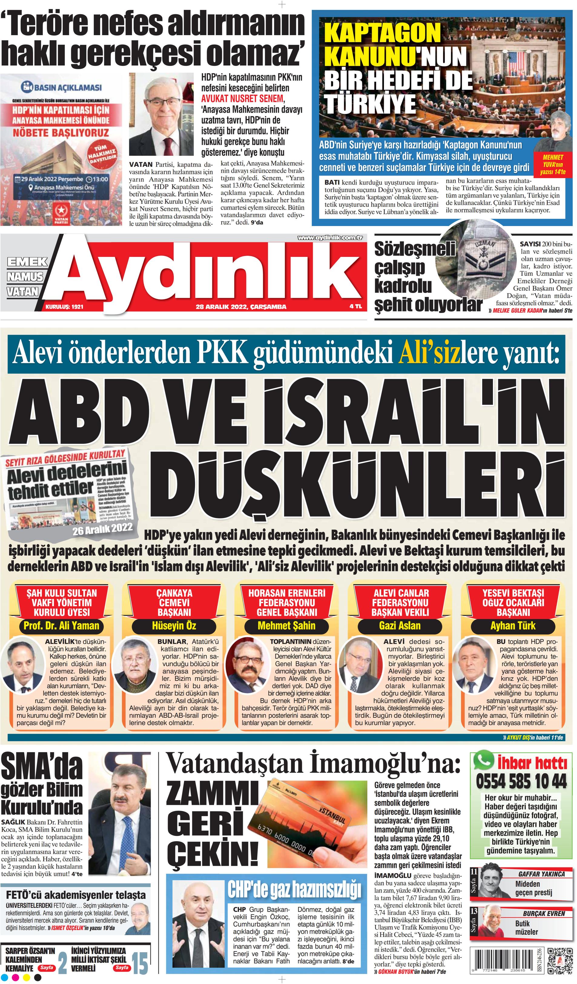 Aydınlık Gazetesi 28 Aralık 2022, Çarşamba Günü Manşeti